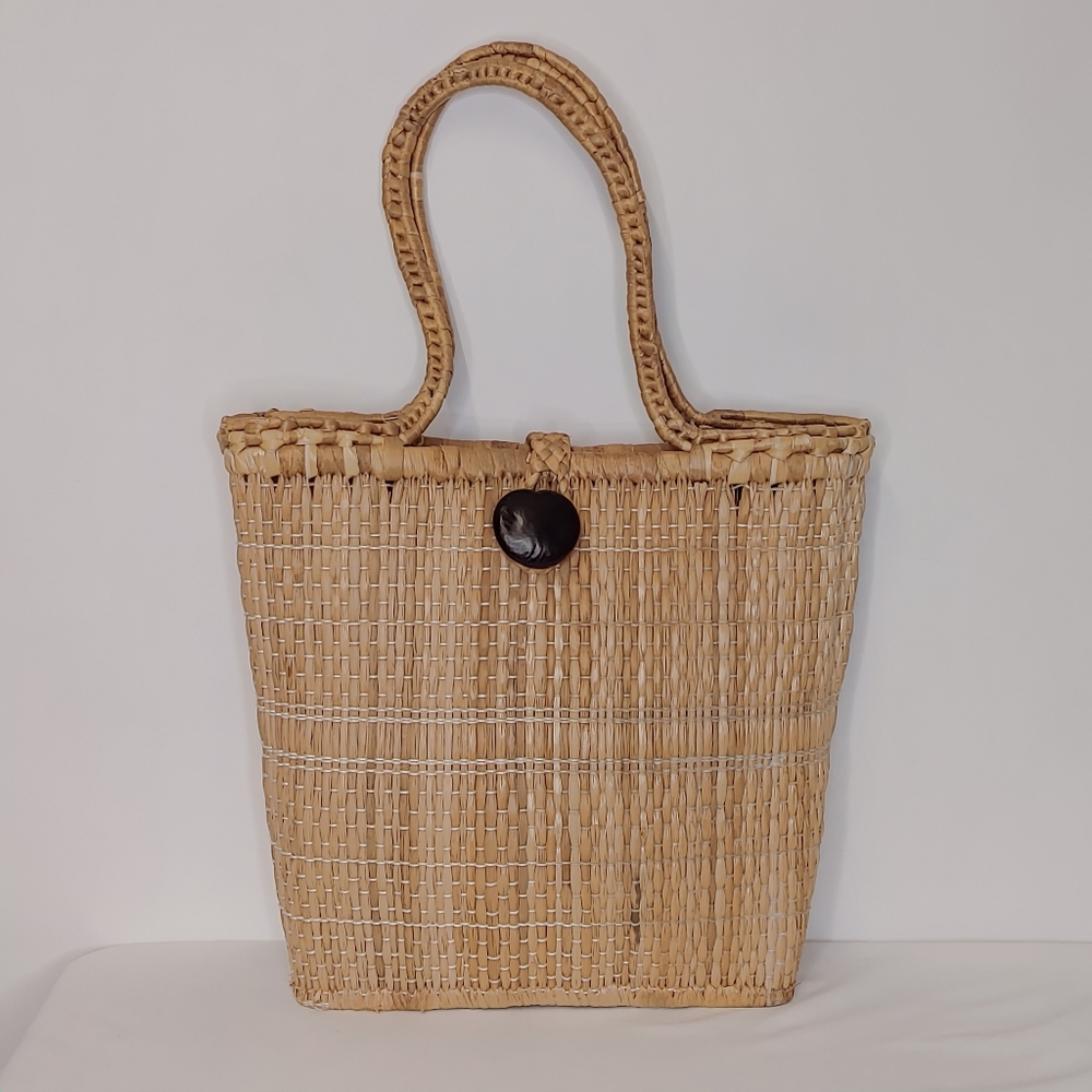 Vintage Raffia Straw Tote Bag Woven Beige Double Handle